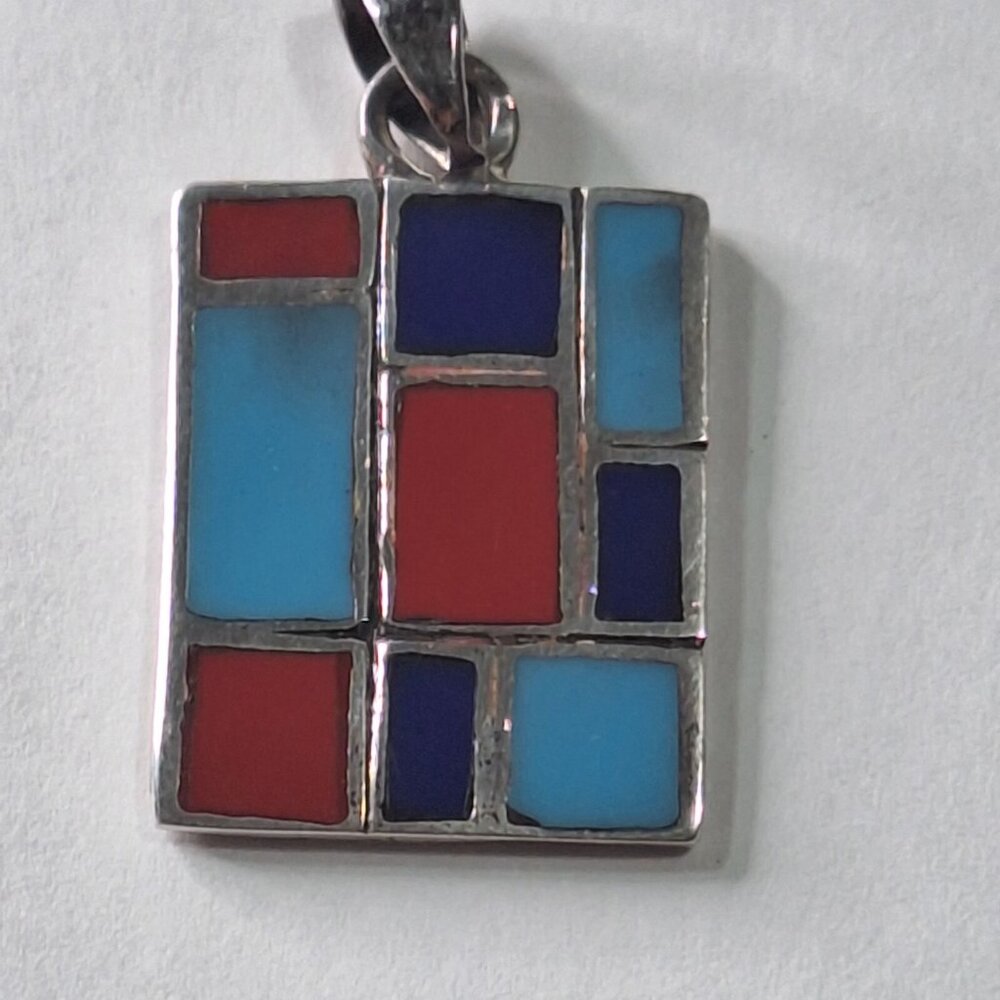 Vintage Sterling Silver Turquoise Coral Lapis Inlaid Rectangle Pendant  7.5g - Picture 8 of 12